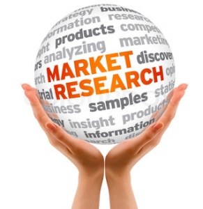 Hands holding a Market Research Word Sphere sign on white background.
